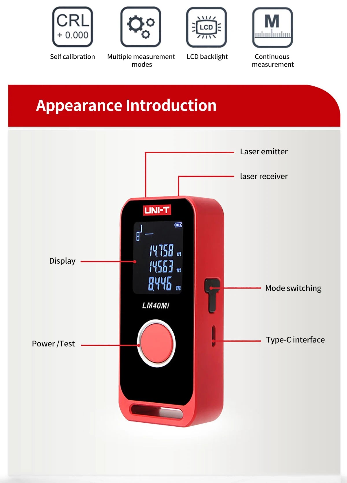 UNI-T Mini Laser Distance Meter 40m 60m Range Finder LED Display Digital Tape Measure Rechargeable Handheld Rangefinder