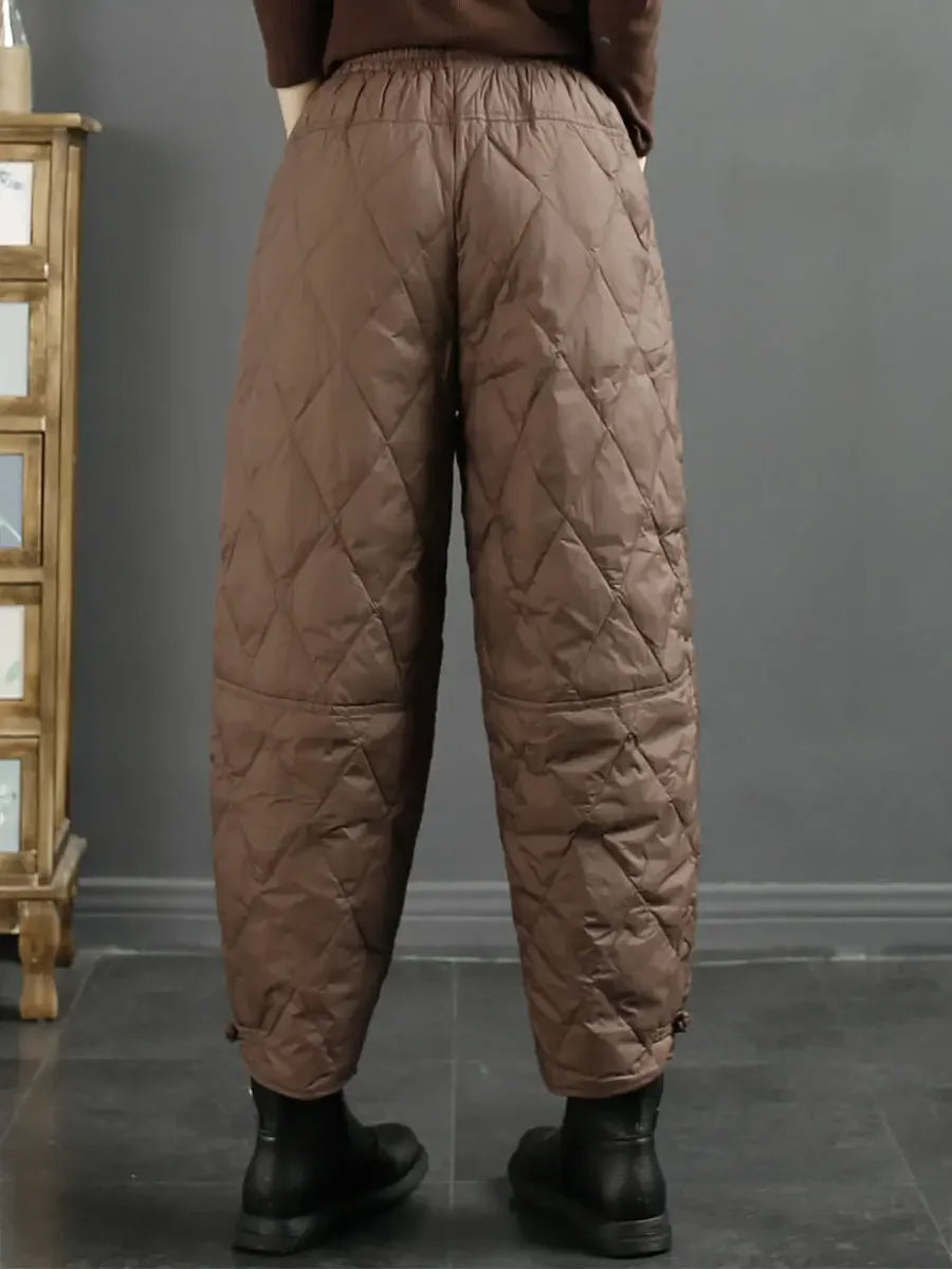 Vintage Quilted Pants Women Winter Warm Trouser Cotton-padded Pants Casual Design Pockets Elastic Waist Korean Chic Black Pants