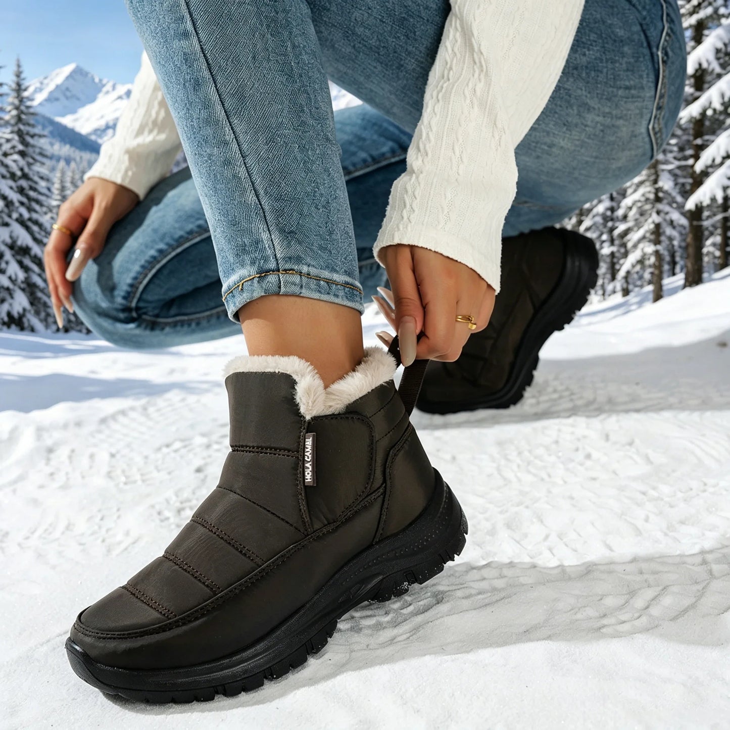Women Fleece Lined Snow Boots Waterproof Non Slip Thick Sole Zipper Winter Ankle Booties