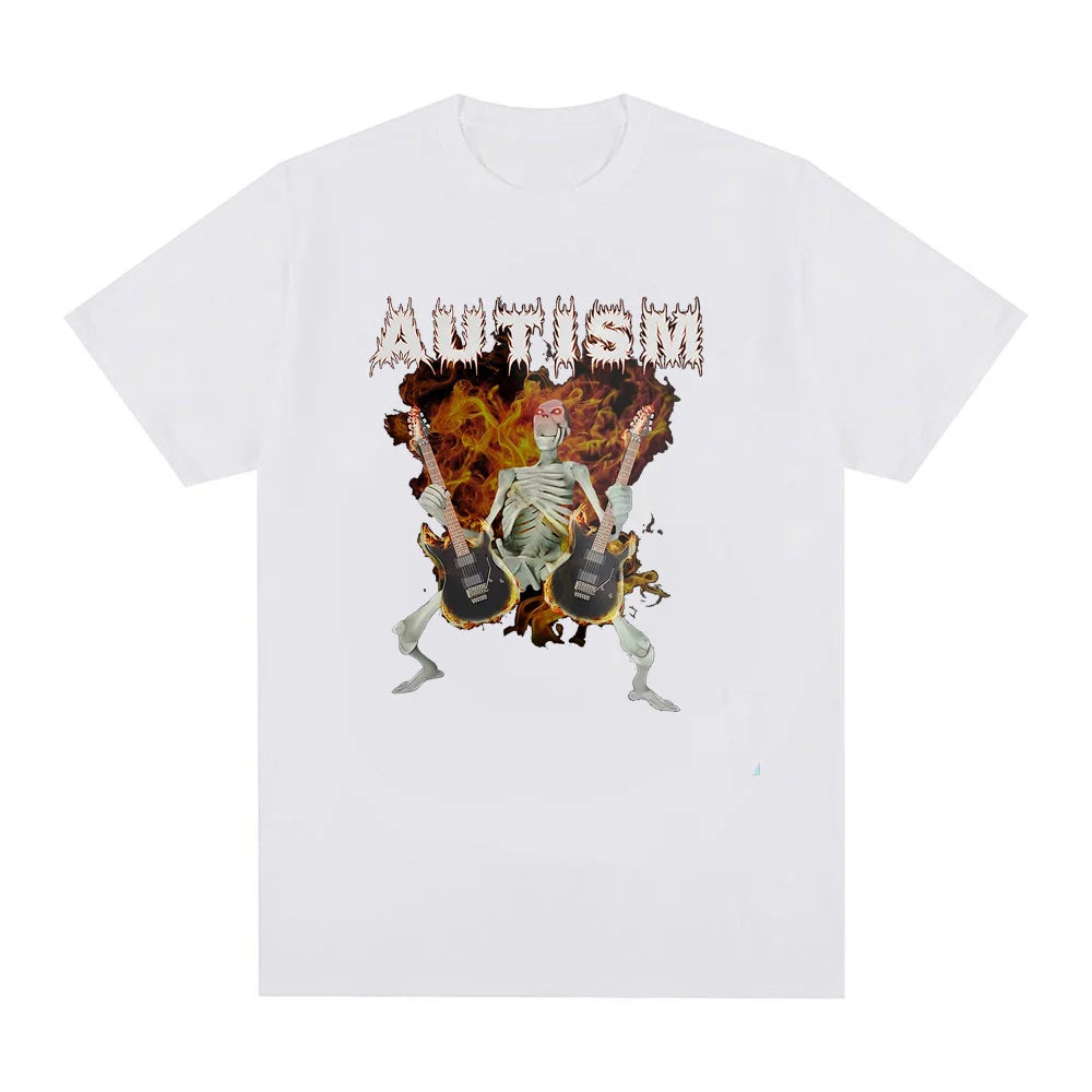 Autism Funny Skeleton meme Print Crew Neck T-shirt, Casual Loose Short Sleeve Fashion Summer T-Shirts Tops, Women's Clothing