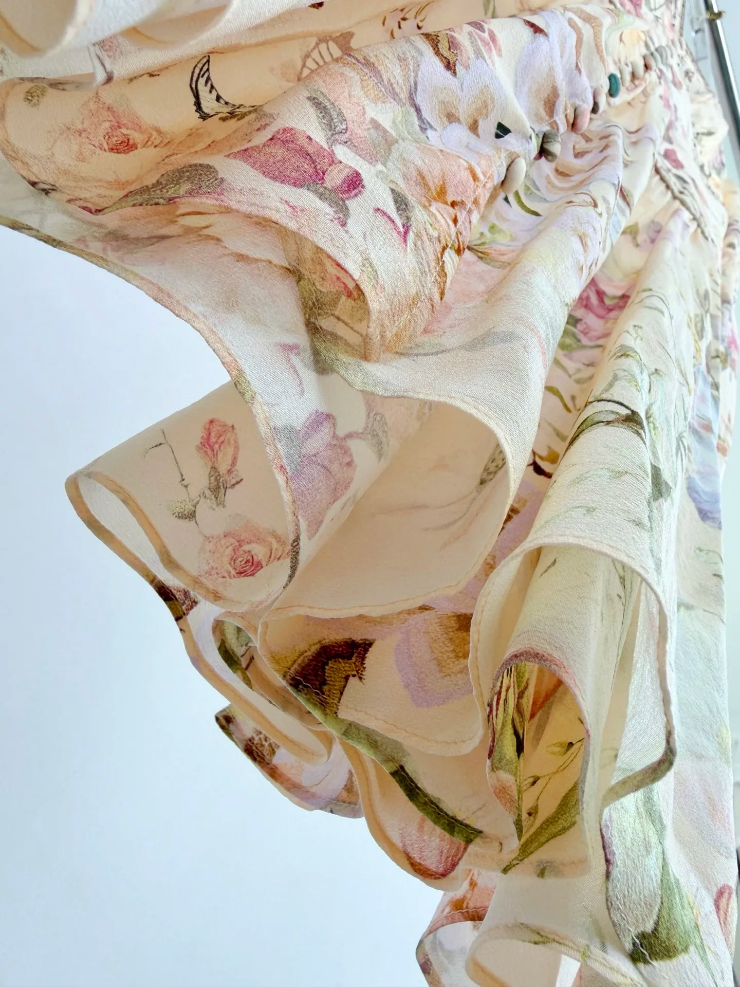 Women Silk Flower Printed Long Dress Heavy Beaded V-Neck Lantern Sleeve Loose Female dress