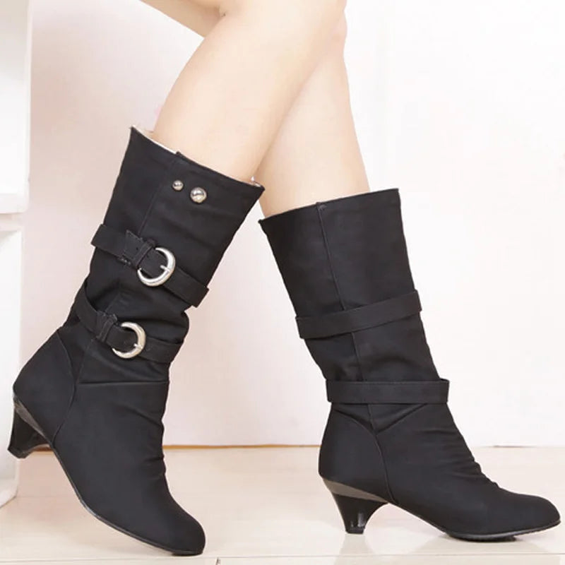 2026 New Fashion Women Boots Chunky Heeled Casual Round Toe Woman Shoes Autumn Winter Mid-Calf Boots Women with Buckle  WSH3476