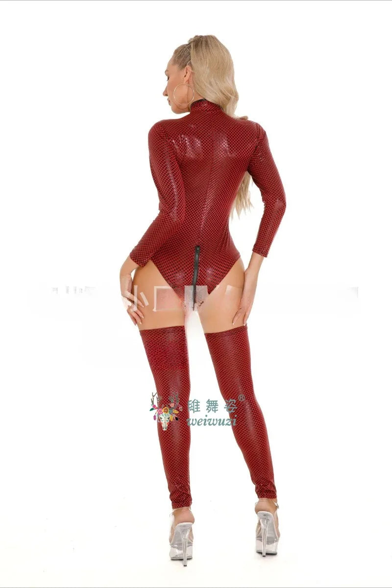 Lingerie Women Latex Leather Bodysuit with Belt Plus Size Rompers Shapewear Nightclub Outfit Cat Girl Porn Underwear