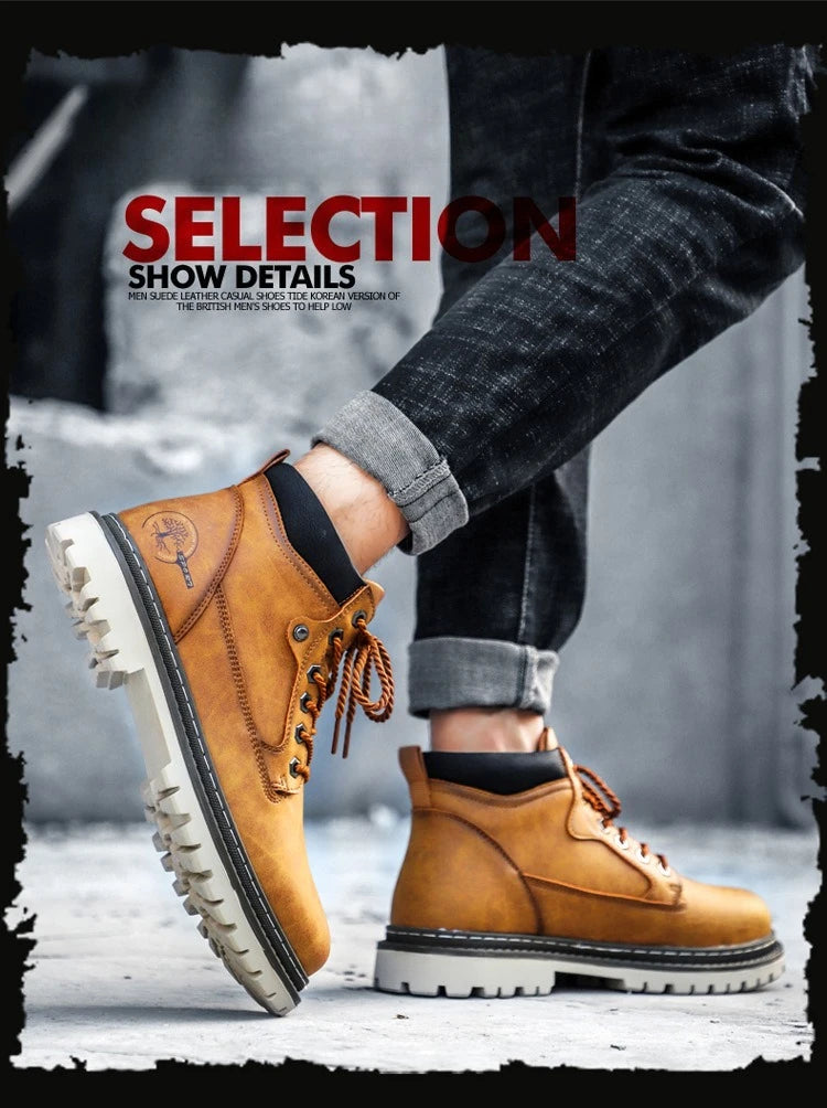 Men's High-Top British Style Motorcycle Boots Durable Cowboy Ankle Shoes Rugged Casual Non-Slip Leather Outdoor Work Footwear