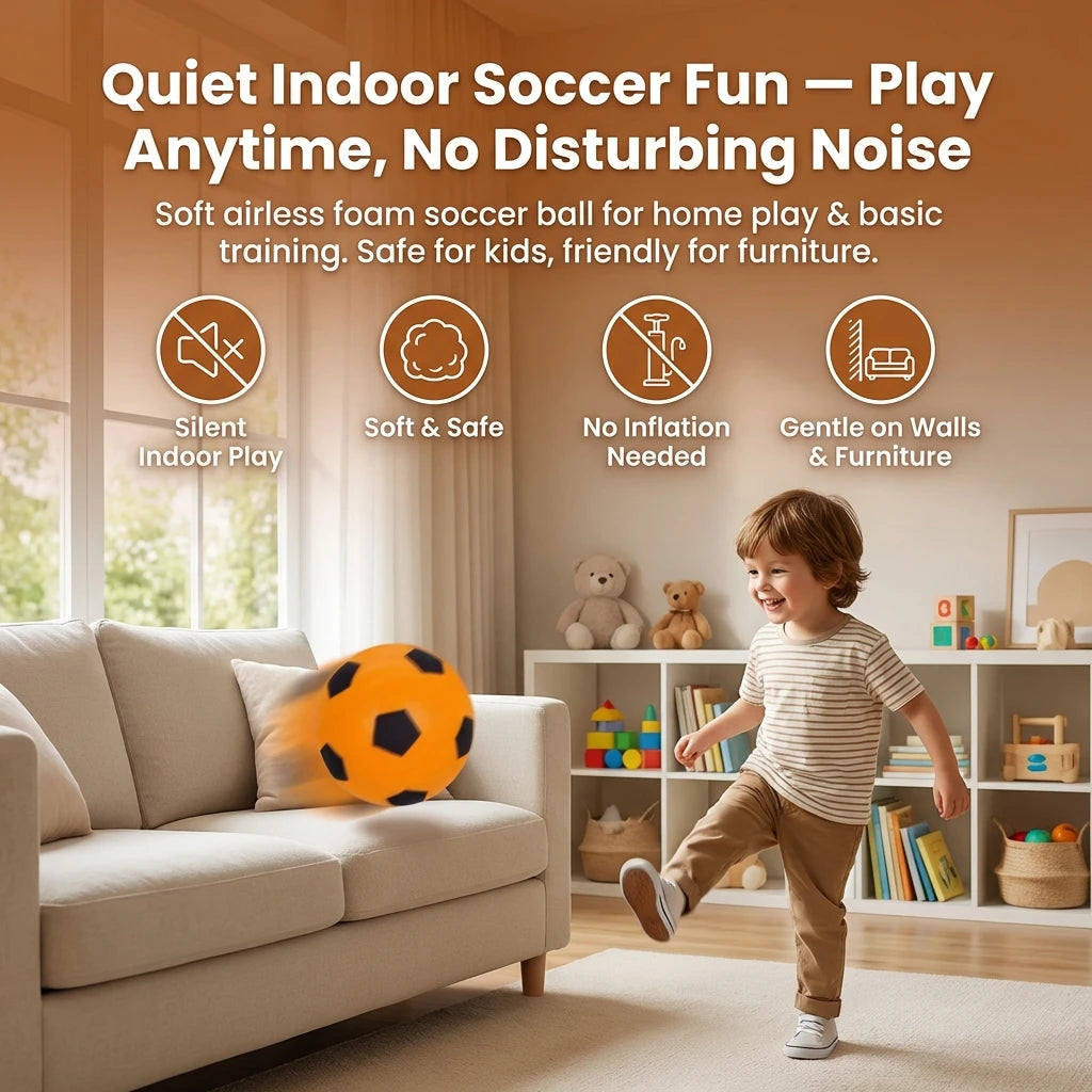 Silent Indoor Soccer Ball, Soft Airless Foam Football for Kids, Quiet Bounce Training Ball, Safe for Home/Living Room
