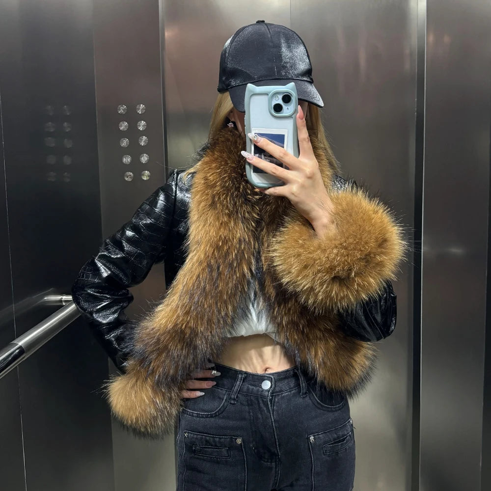 Natural Raccoon Fur Collar Real Leather Jacket Women 2025 Autumn Black Crocodile Textured Leather Jacket Ladies Streetwear