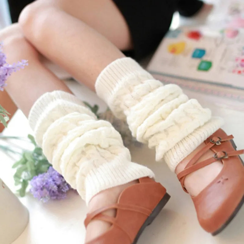 Women's Leg Warmer Lolita Long Socks Knitted Keep Warm Foot Cover Ladies Autumn Winter Black White Twist Crochet Socks Boot Cuff