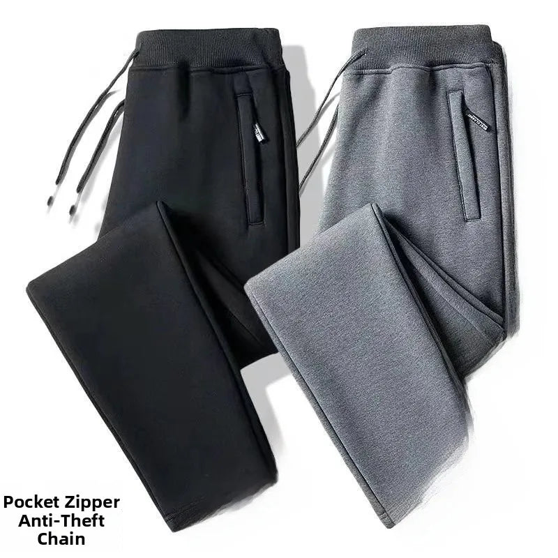 Loose Men's Fleece Lined Trousers Spring Autumn Winter Casual Wear Youth Style Pure Color Cuffed Sports Pants for Students
