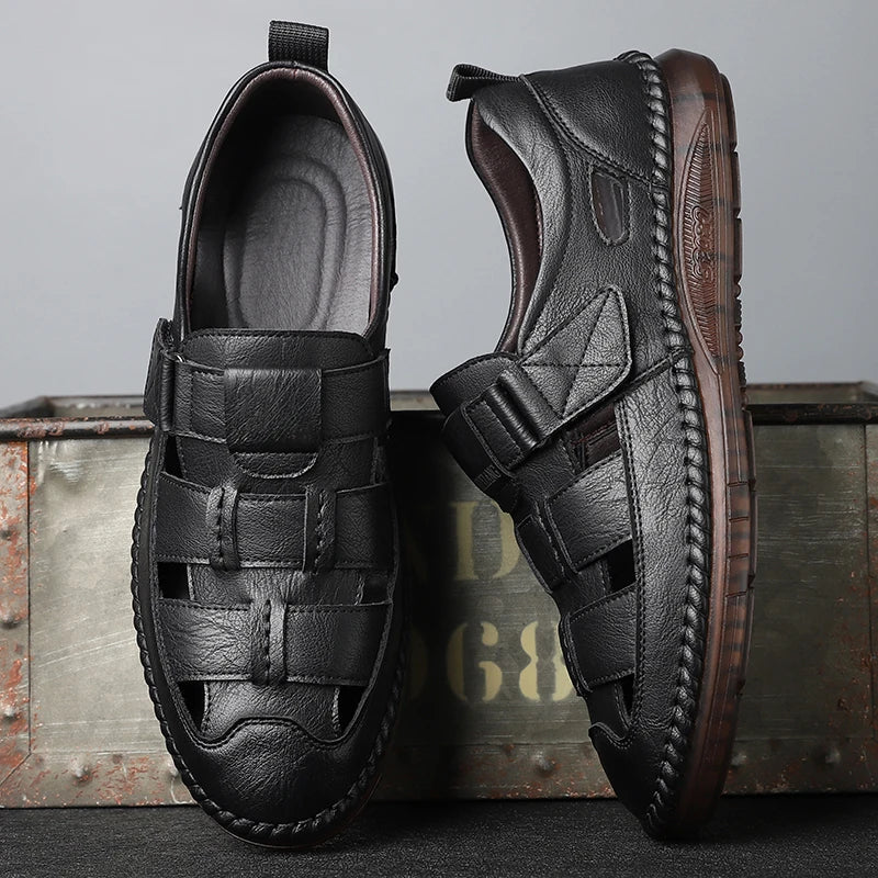 Genuine Leather 2024 Summer Special Offer Men's Business Casual Hollow Work with Holes Leather Sandals Men's Work Hole Sandals