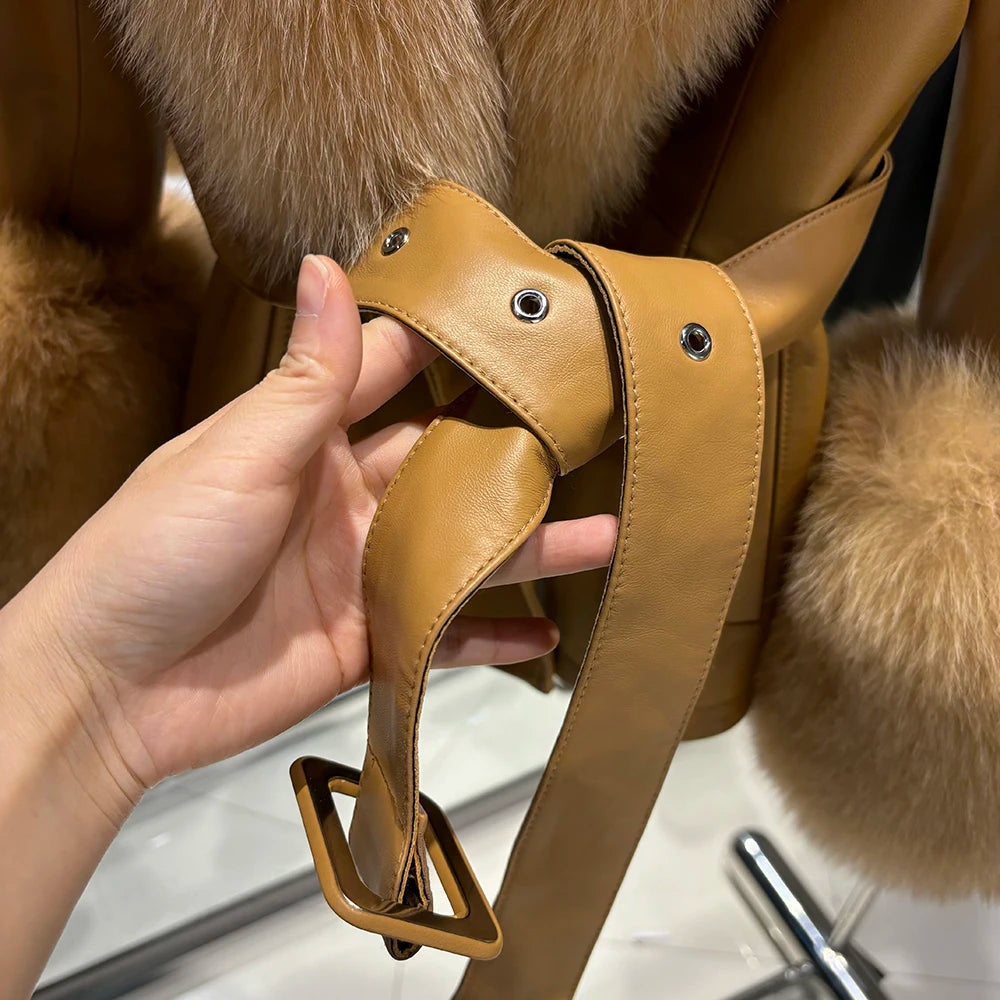 YOLOAgain Real Fox Fur Collar Genuine Leather Jacket Women