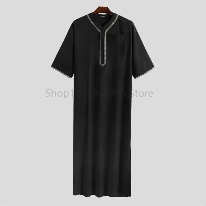 Islamic Muslim Men's Solid Color Short Sleeve Classic Embroidery Robe Dubai Arabic Ethnic Style Men's Casual Formal Robe