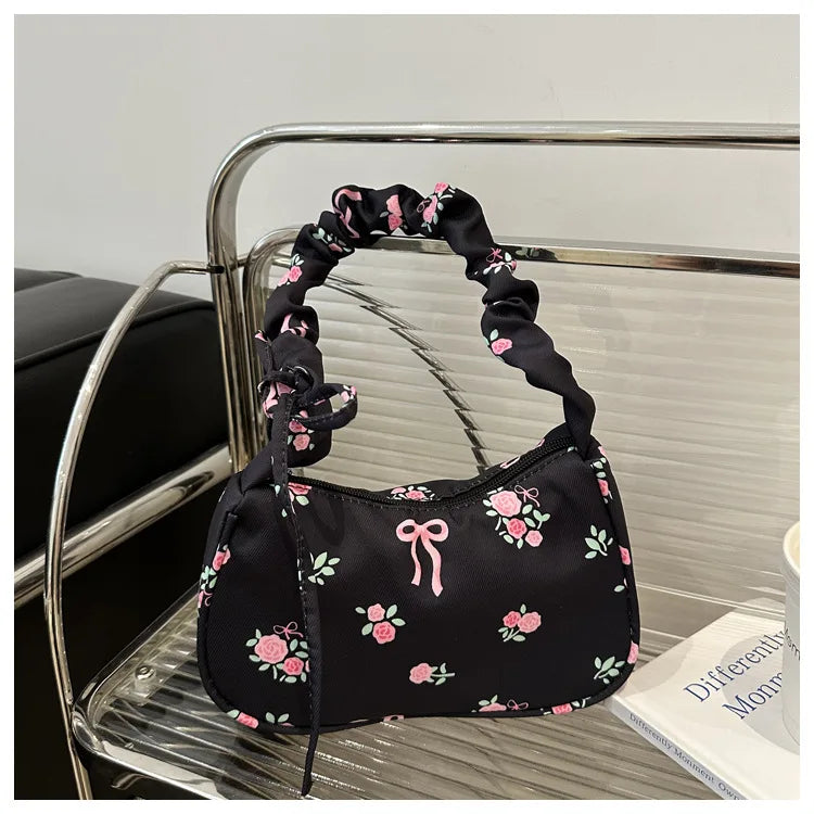 Women's Bags New Sweet Print Canvas Handbags Korean Floral Bow Printed Zipper Tote Bag Female Small Shoulder Bag