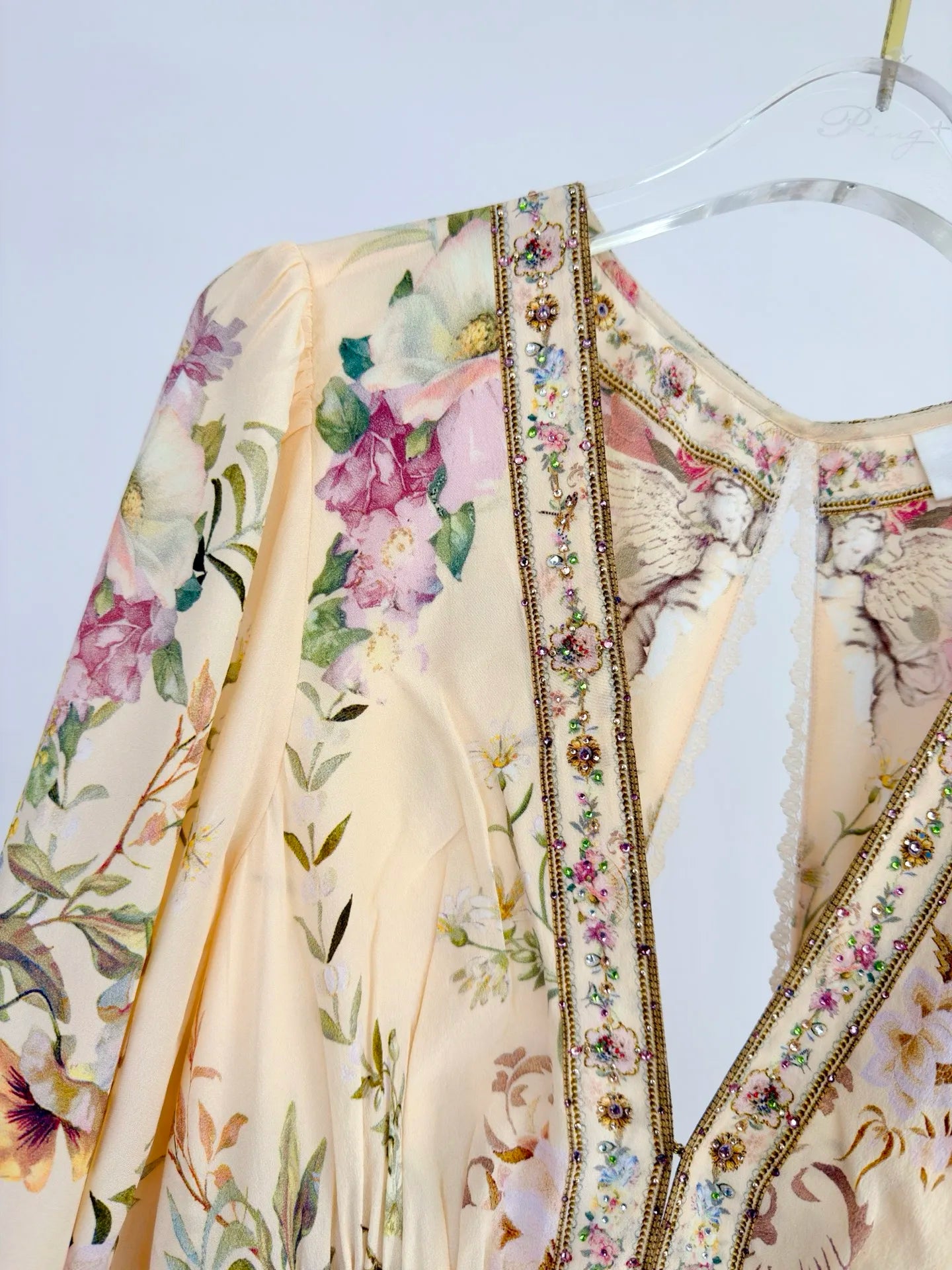 Women Silk Flower Printed Long Dress Heavy Beaded V-Neck Lantern Sleeve Loose Female dress