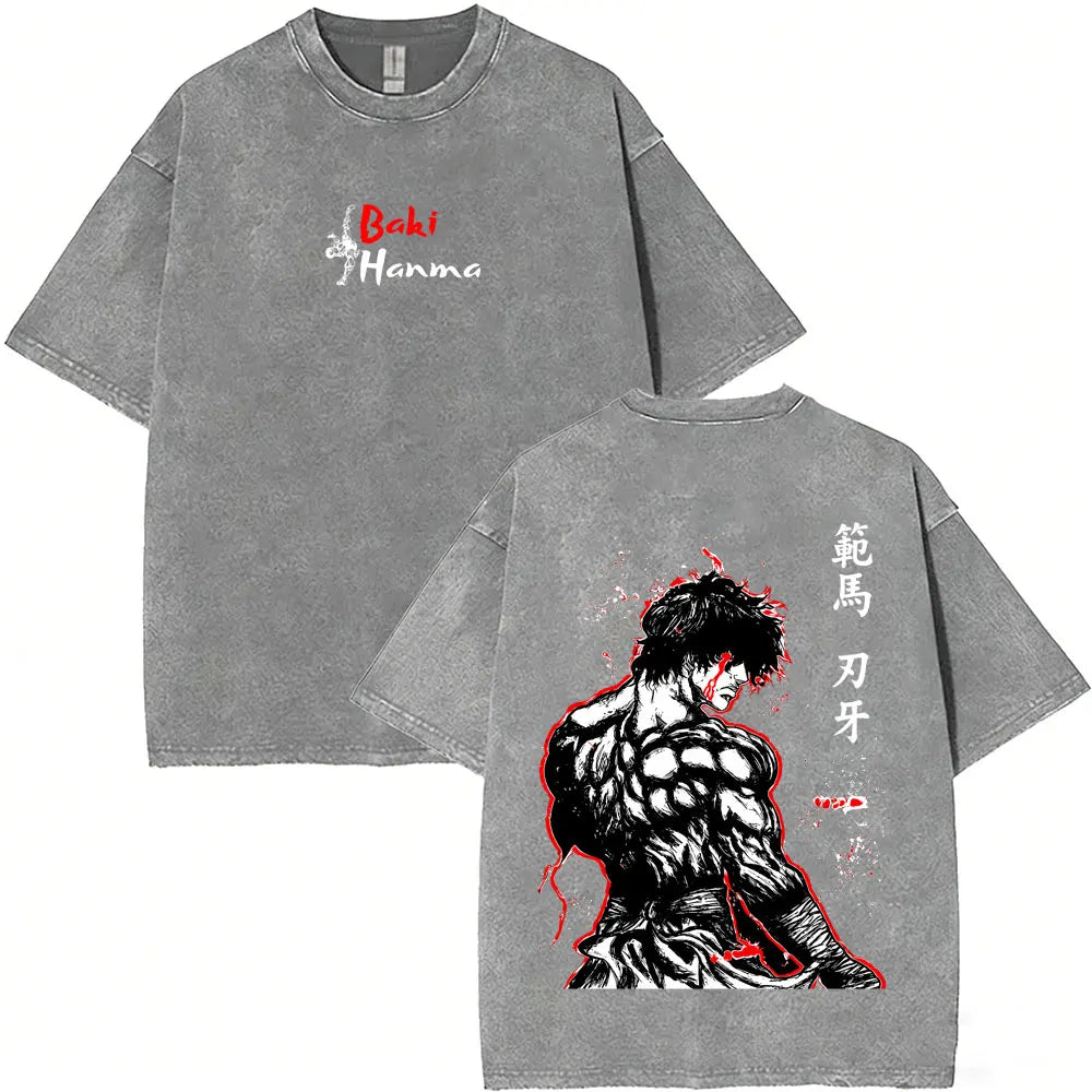 Washed Vintage Anime Baki Hanma Wake Up T-shirt Men Women Retro Manga Oversized T-shirts Men's Casual Cotton T Shirts Streetwear