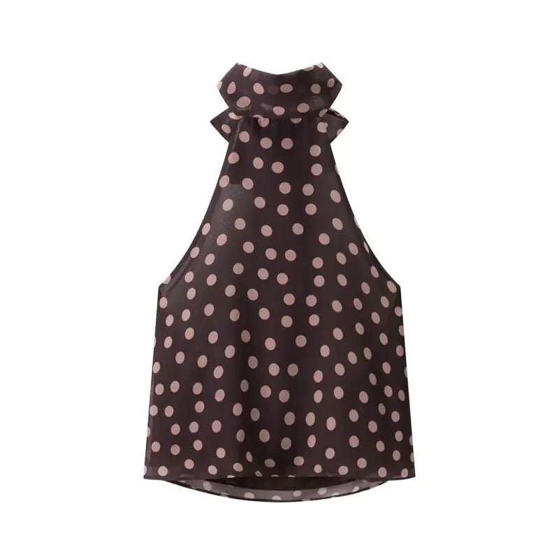 Summer Women Elegant Halter Top Bow Decor Polka Dot Backless Sleeveless Chiffon Shirt Casual Vacation Outfit