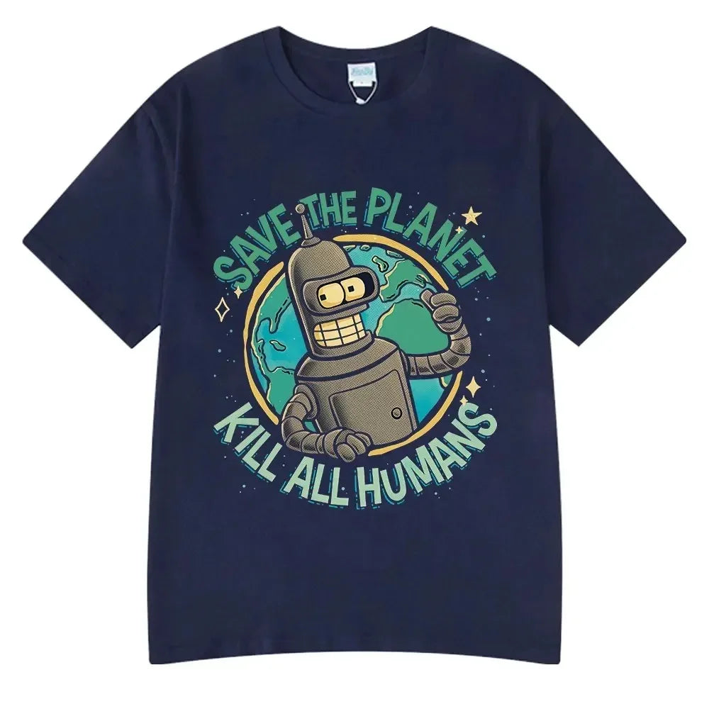 Summer Fashion Hot Save The Planet Kill All Humans Funny Tops Robot Print Oversized T-Shirts Men Women Short Sleeve Cotton Tops