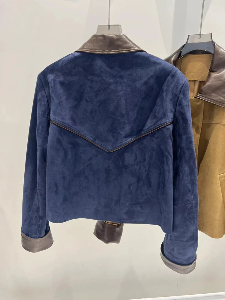 European Imported Suede Jacket Women 2025 Autumn Winter Branded New Contrasting Leather Coat Navy Blue Short Locomotive Casacos