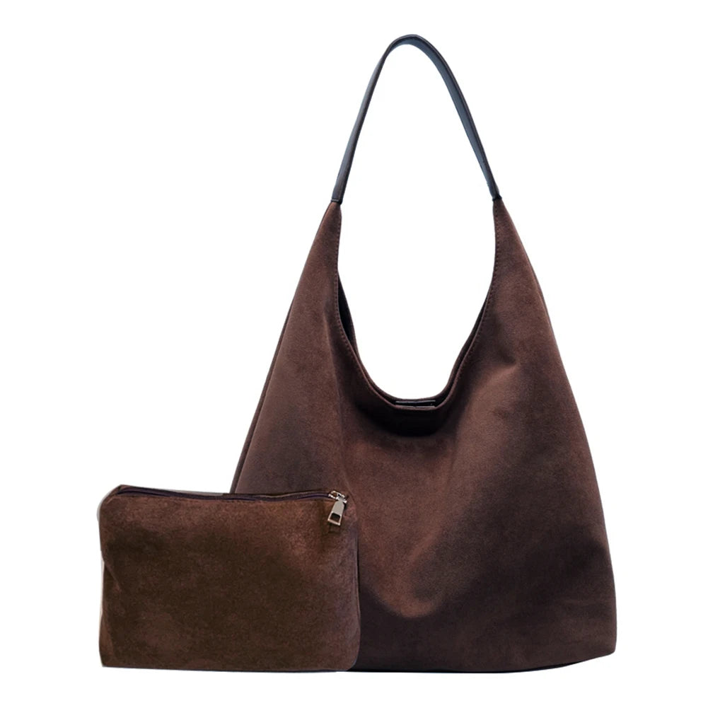 Women Suede Shoulder Bag Large Capacity Tote Bag Trendy Retro Handbag with Pocket for Work Travel Shopping