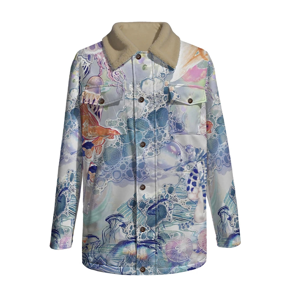 Winter Aesthetic Jacket Marine Life Print Long Coats Whale Turtle Jellyfish Pattern Faux Fur Collar Unisex Coastal Style