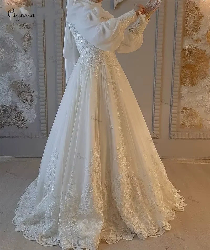 Customized Islamic Muslim Hijab Wedding Gowns 2026 Bride A-Line Long Sleeve Bridal Dress Lace Arabic Dubai Robe De Mariée