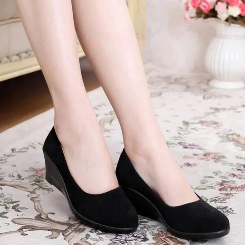 Women's 5cm Wedge Heels Workwear Ceremonial Cloth Shoes Black PU Office Ladies Spring Slip on Oxford Shoes Shallow Mouth Shoes