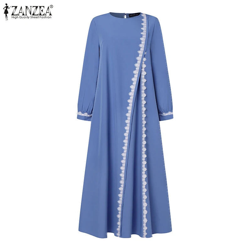 Autumn Lace Crochet Maxi Dress ZANZEA Muslim Turkey Abaya Elegant Loose Vestidos Women Long Sleeve O Neck IsIamic Robe Kaftan
