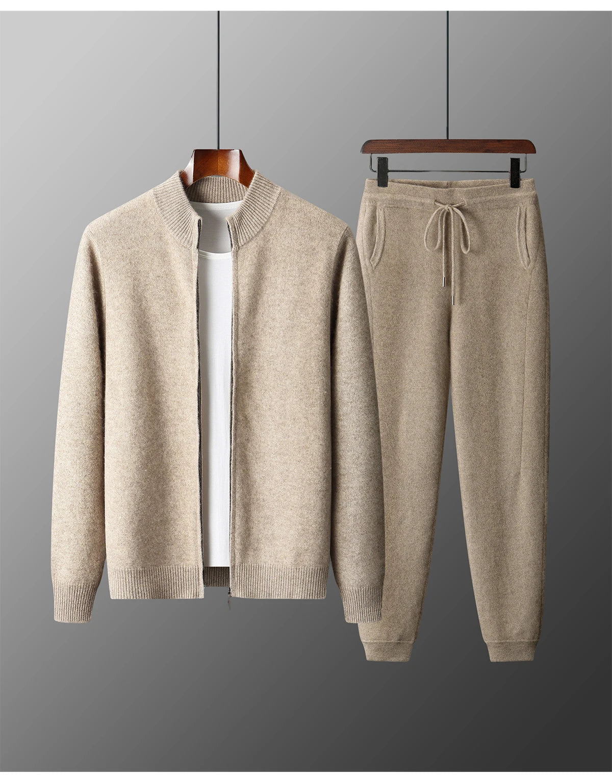 100% Merino Wool Two-piece Suit for Men Autumn Winter Knitting Zipper Cardigan and Slim-fit Pants Warm Thickened Clothing Sets