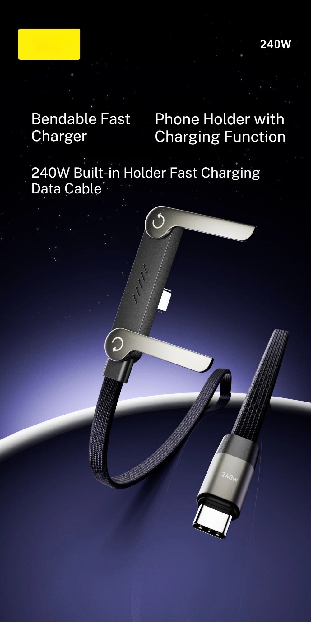 240W Stand Charging Cable, 2-in-1 with Phone Holder for Gaming/Videos, Compatible with iPhone 15-17 & Huawei