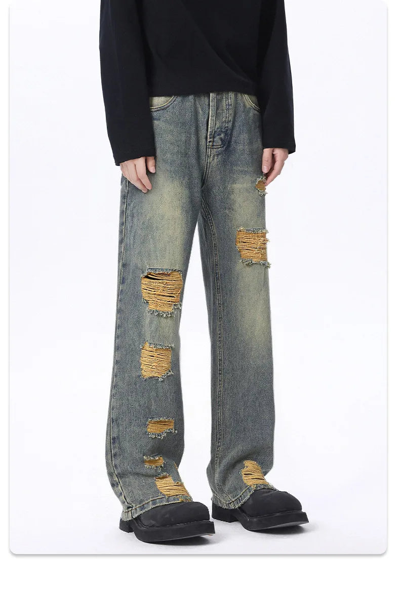 2025 Stylish Minimalistic Washed Ripped Denim Pants for Men Retro High Street Loose Wide Leg Pants for Spring and Autumn