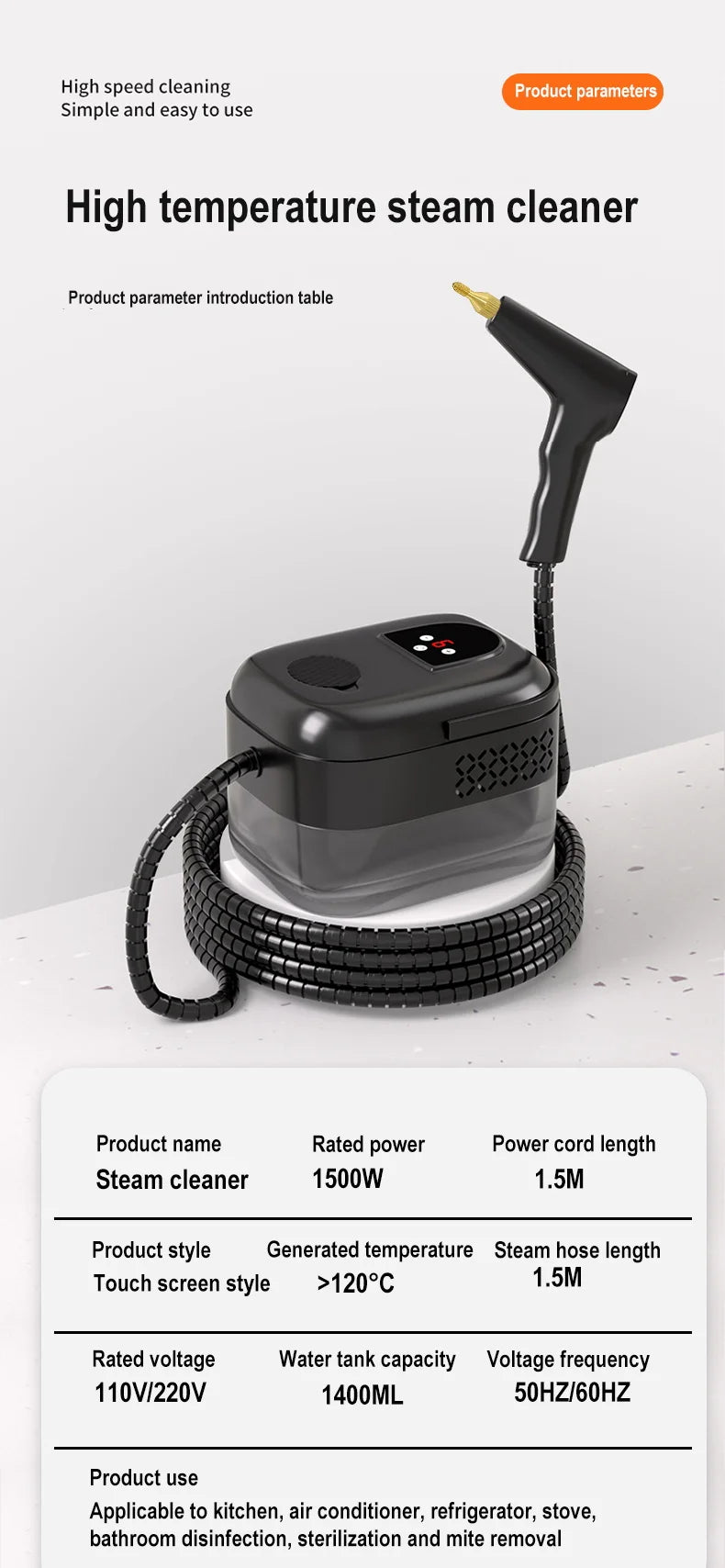 1500W Steam Cleaner High Temperature Pressure Washer with Remote control Steam Cleaning Machine For Home Kitchen Hood Car 1400ml