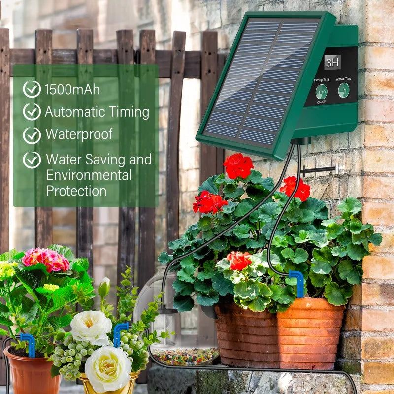 Solar Irrigation System, Automatic Watering System with 10M Hose and 10 Drip Tips for In/Outdoor, DIY Garden Balcony Terrace Etc