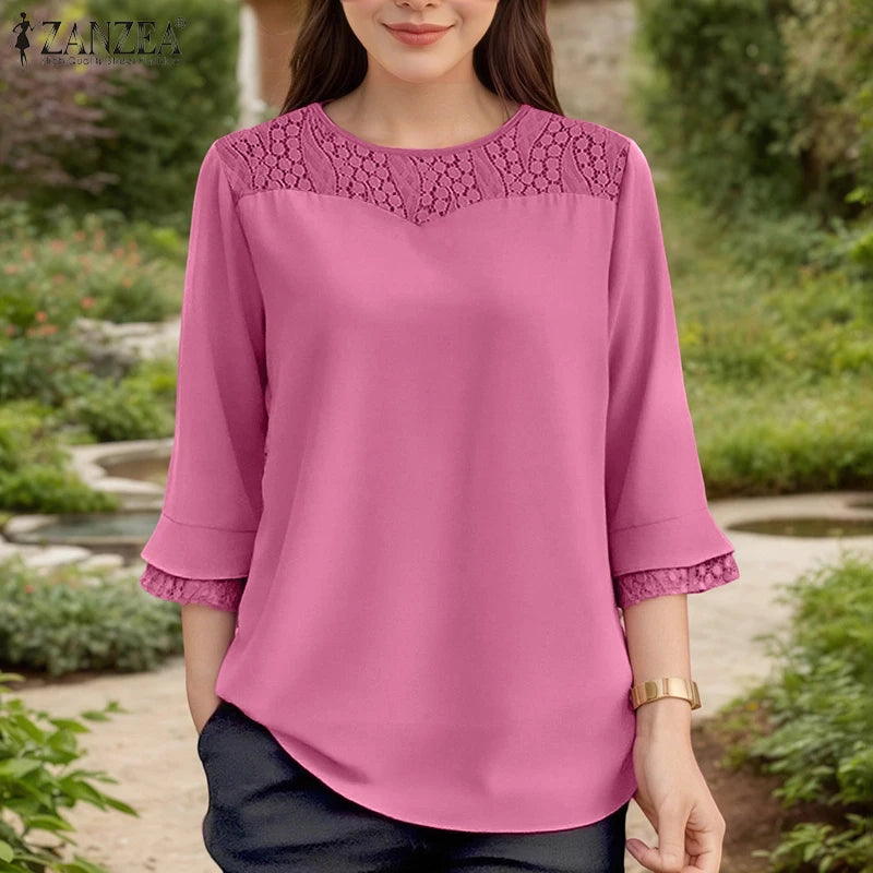 Women Autumn Patchwork Blouse 2025 ZANZEA Elegant Long Sleeve Tops Stylish Work Shirts Female Casual Loose Chemise Mujer Femme