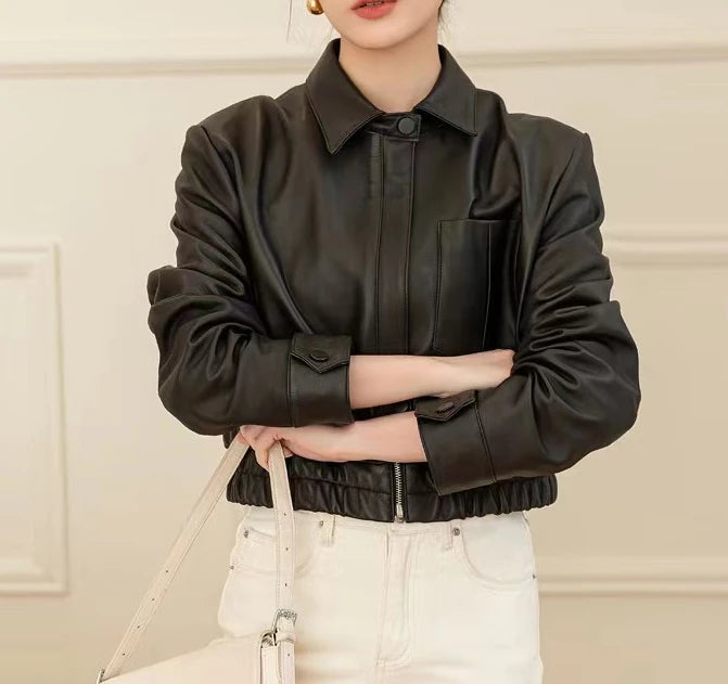 European 2025 New Fashion Short Leather Jacket For Women Casual Elastic Band Waist Top Clothing Mujer Varsity Claret Veste