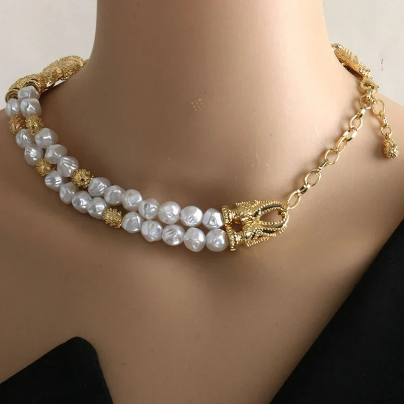 Light luxury high-grade multi-layer pearl necklace retro exaggerated niche alloy collarbone chain women's fashion jewelry