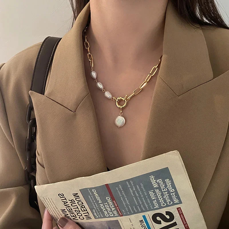 Trendy Elegant Baroque Pearl necklace for Women Charm Stainless Steel Beaded Chain Pendants Wedding Bridal Jewelry Party Gift