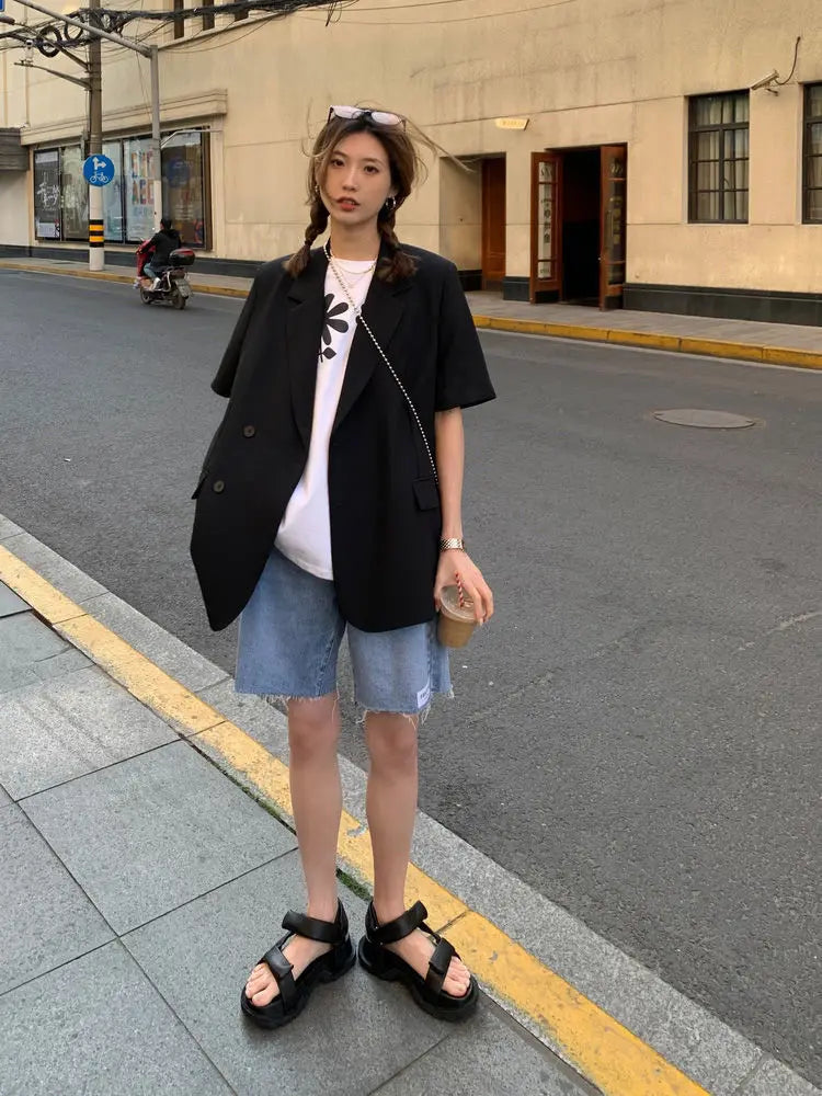 Pant Suits 2025 Spring and Summer Thin Casual Loose Short Sleeved Suit Jacket Women Suit Two-piece Set