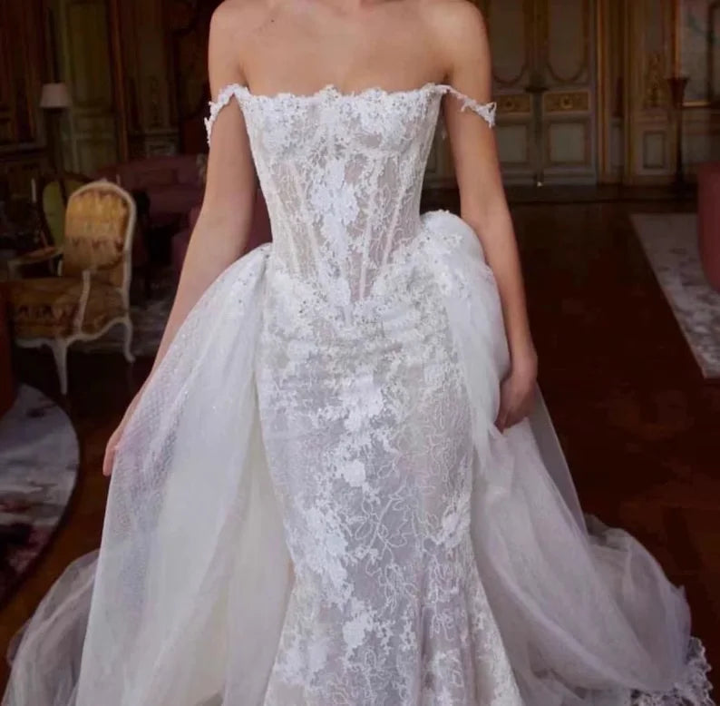 Customized Luxury Fishtail Dress Elegant Church Train Wedding Dress Off Shoulder Wedding Dress Lace Wedding Dress