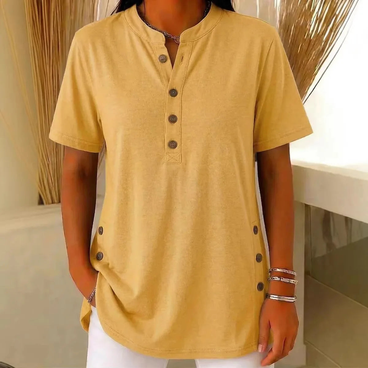 Summer Short Sleeve Loose Tops For Women Summer 2026 Fashion Solid Color V-neck Button T-shirts Tees Casual