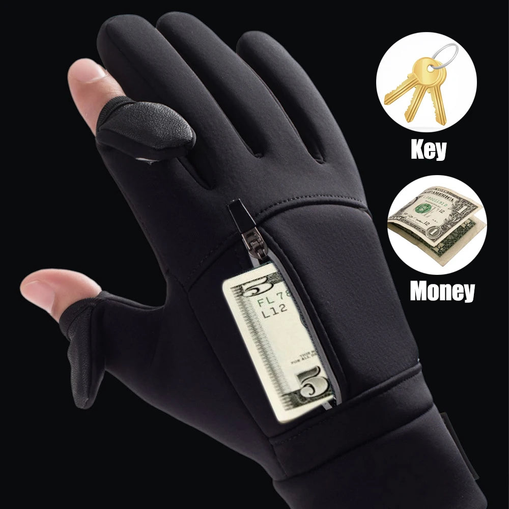 Winter Warm Gloves Flip Over Expose Two Fingers Gloves Windproof Touch Screen Gloves Cycling Ski Fishing Gloves