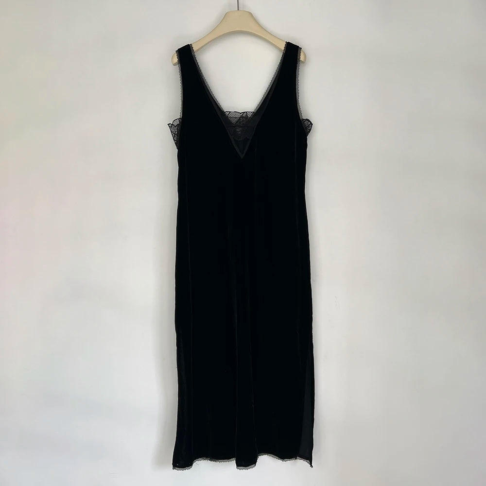 Rowan 22T485 Solid Velvet Graphic Print Women Dress Summer V-Neck Sleeveless Lace Lady Long Skirt Casual Classic Dress 2026