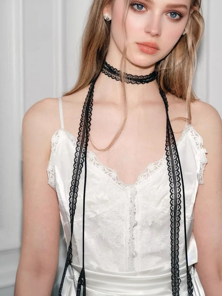 Elegant Long Rope Chain With Lace Ribbon Choker Necklace For Women Trendy Charms Ladies New Fashion Jewelry On Neck Decoration