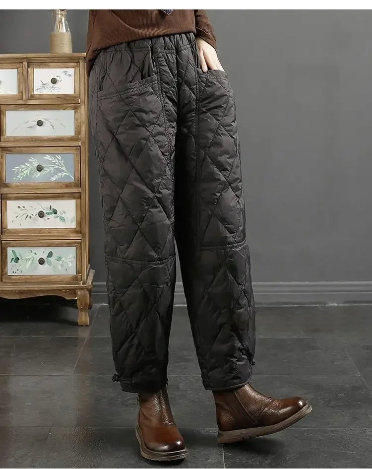 Vintage Quilted Pants Women Winter Warm Trouser Cotton-padded Pants Casual Design Pockets Elastic Waist Korean Chic Black Pants