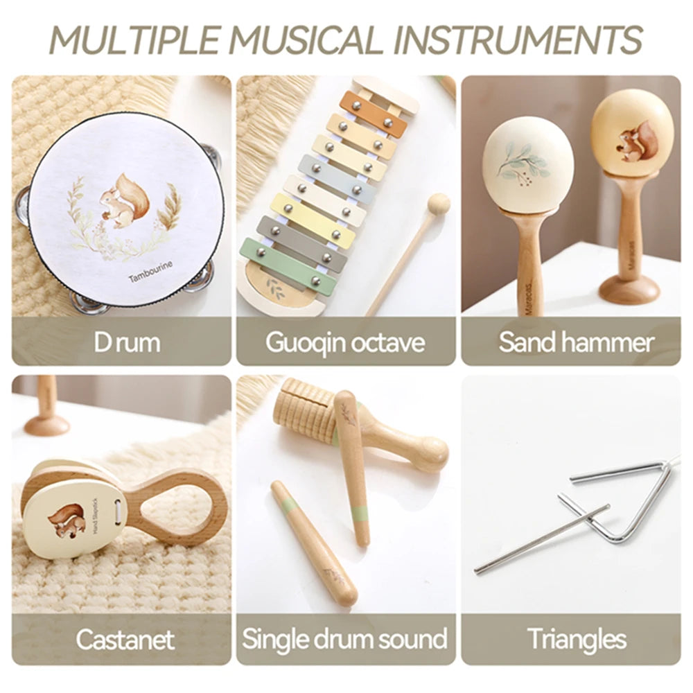 Kids Wooden Montessori Toys Musical Instruments Rattle Toys Wooden Squirrel Percussion Instruments Preschool Educational Toys