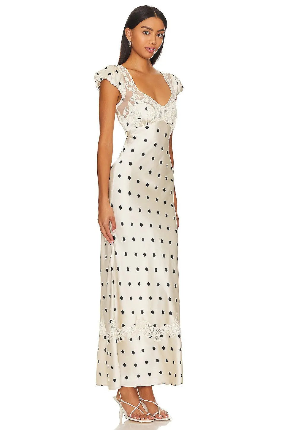Luxurious Silk Satin Long Dress Elegant Puff Sleeve Polka Dot Floral Gown Sexy Open Back Midi Dresses for Evening Cocktail