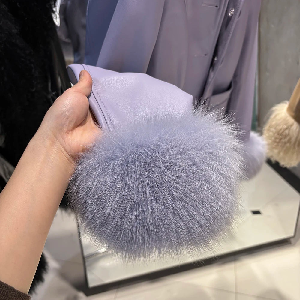 YOLOAgain Women's Mongolia Sheep Fur Collar Real Leather Jacket Single Breasted
