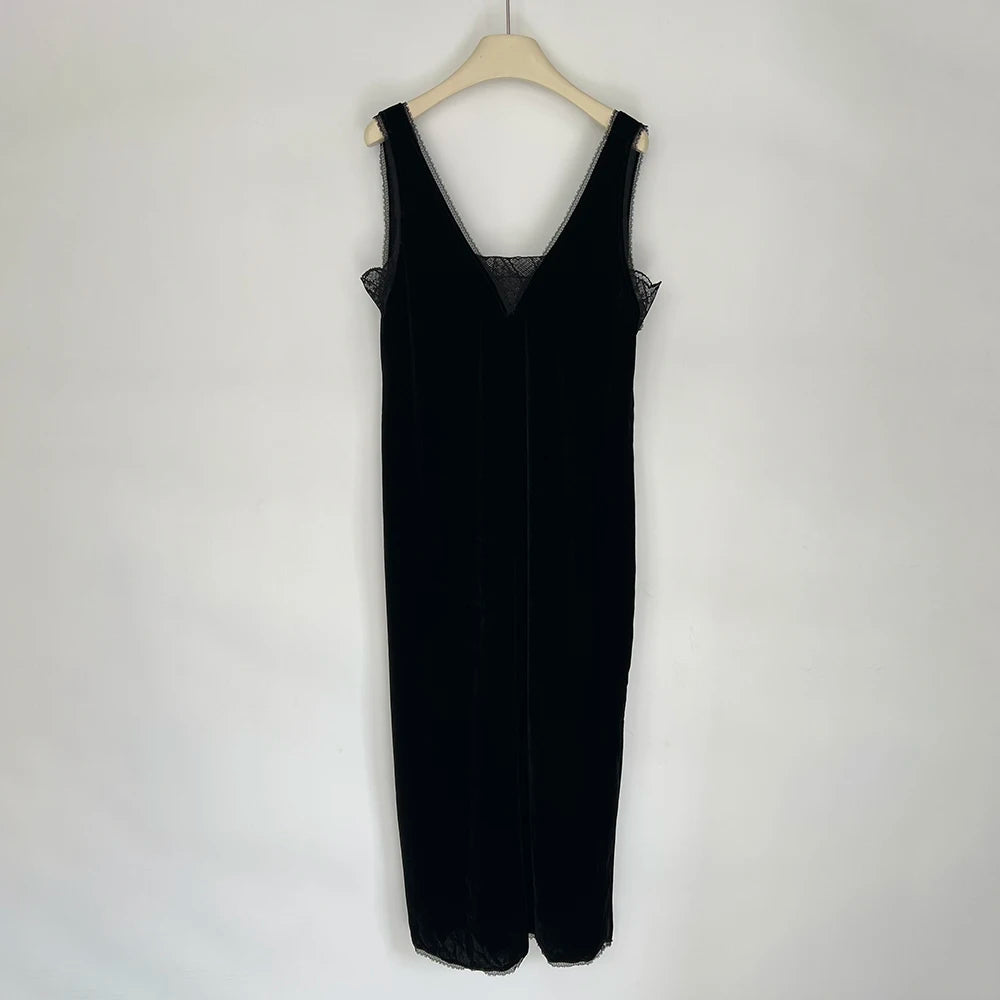 Rowan 22T485 Solid Velvet Graphic Print Women Dress Summer V-Neck Sleeveless Lace Lady Long Skirt Casual Classic Dress 2026