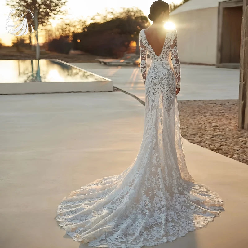VeraNova Customized Wedding dress Sexy Lace Semi-transparent long-sleeved Mermaid Wedding dress