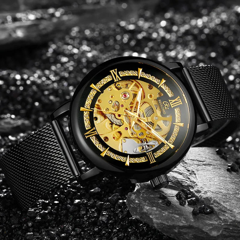 Men's automatic mechanical watch, European and American fashion hollow mechanical watch, woven mesh belt men's watch
