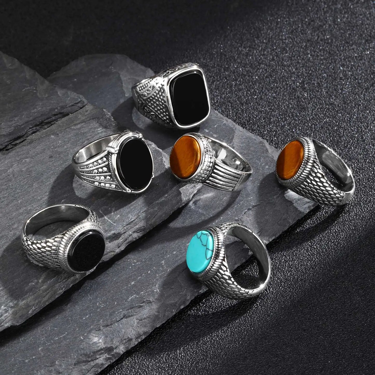 Geometric Turquoise Tiger Eyes Natural Stone Ring for Men, Chunky Stainless Steel Signet Rings, Fashion Punk Finger Jewelry Gift
