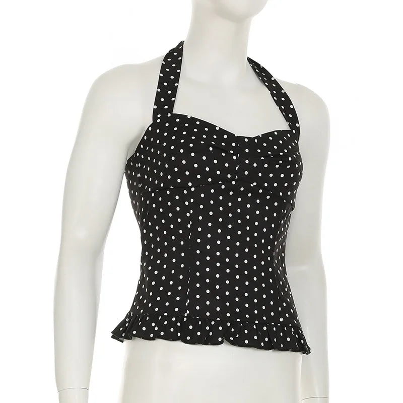 Women Halter Tank Tops Ruffles Hem Lady Sexy Backless Sleeveless Crop Top Summer Fashion Streetwear Female Dot Print Vests